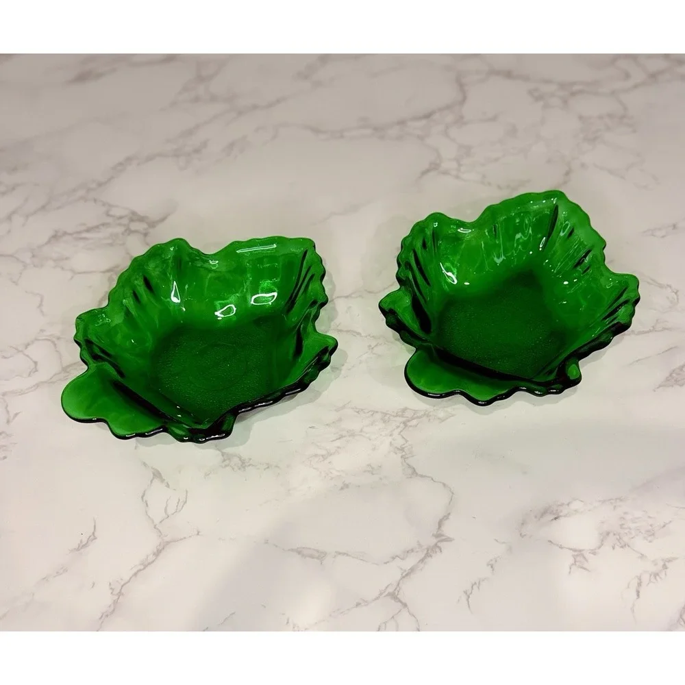Vintage Emerald Green Glass Leaf Bowls Set of 2 Maple Leaf Trinket Dish Decor